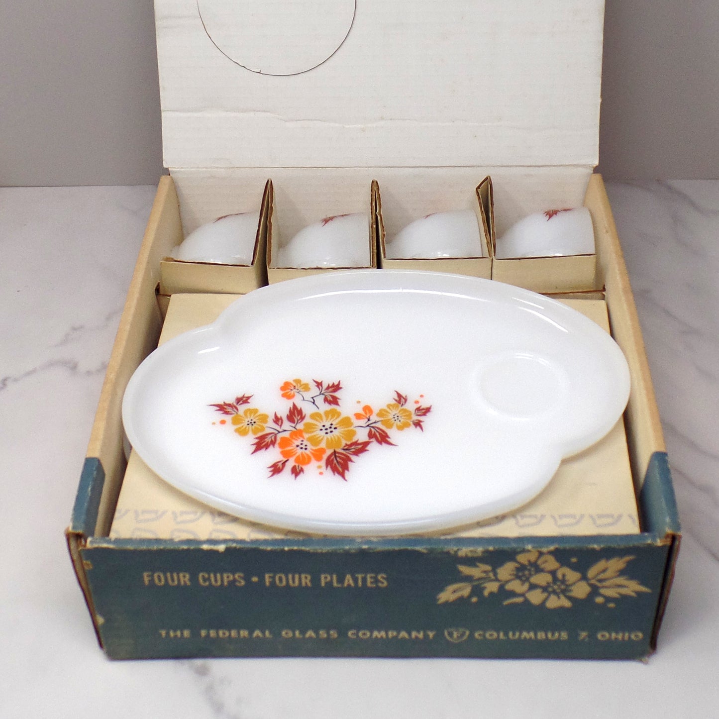 Vintage Federal Glass Snack Sets, Blossom (4 sets in original box) (1950s)