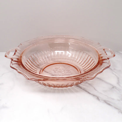 Vintage Anchor Hocking Mayfair Pink Open Rose Handled Round Vegetable Serving Bowl (1930s)