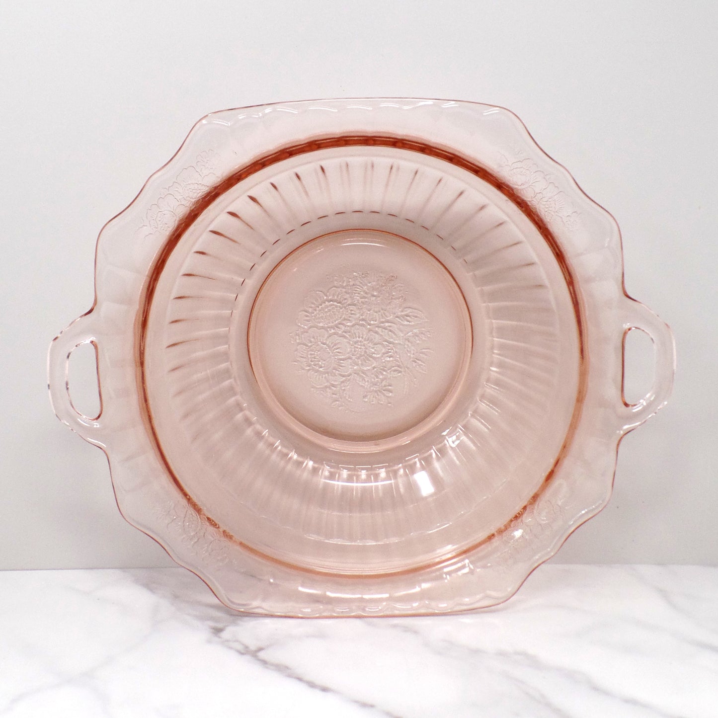 Vintage Anchor Hocking Mayfair Pink Open Rose Handled Round Vegetable Serving Bowl (1930s)