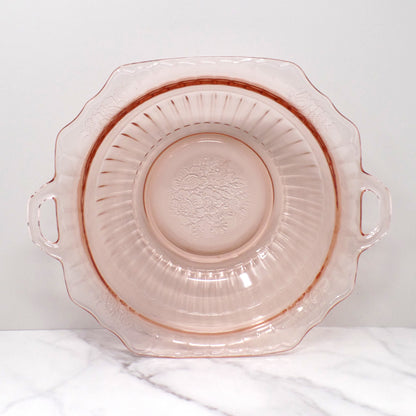 Vintage Anchor Hocking Mayfair Pink Open Rose Handled Round Vegetable Serving Bowl (1930s)
