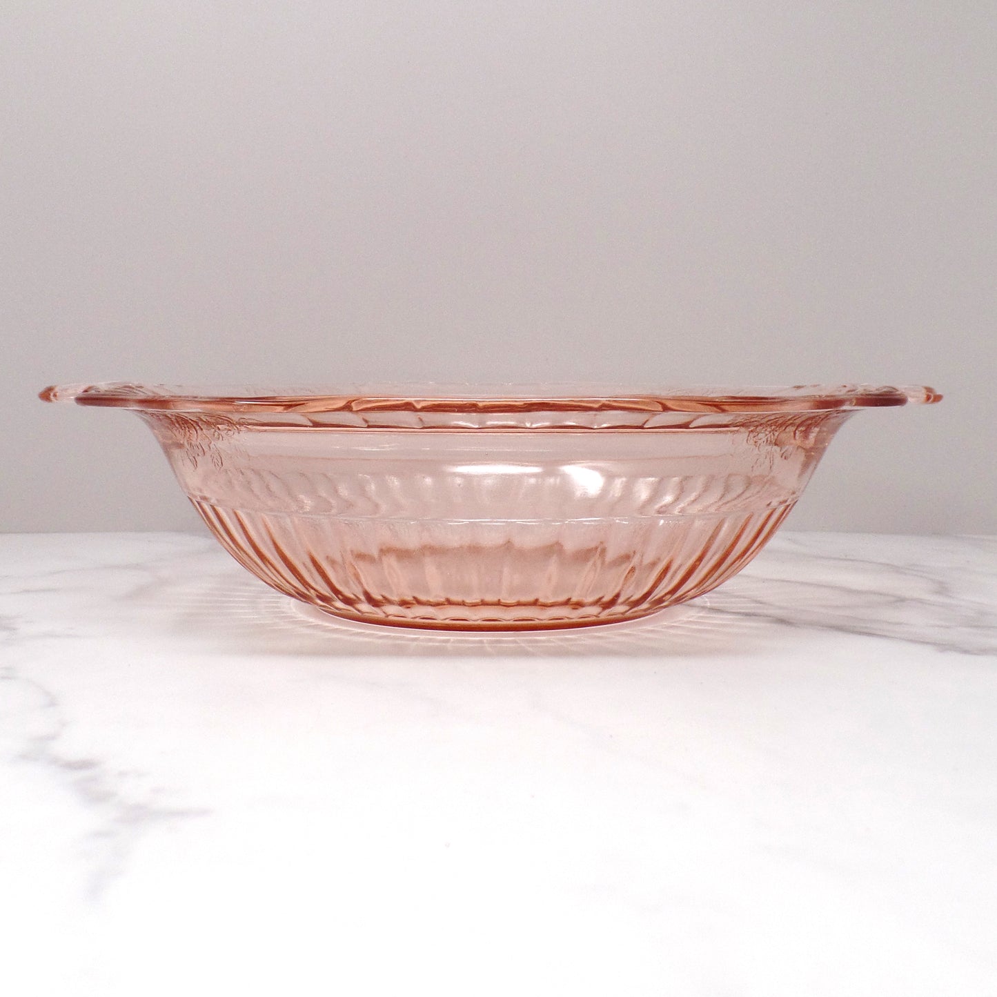 Vintage Anchor Hocking Mayfair Pink Open Rose Handled Round Vegetable Serving Bowl (1930s)