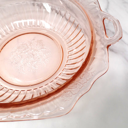 Vintage Anchor Hocking Mayfair Pink Open Rose Handled Round Vegetable Serving Bowl (1930s)