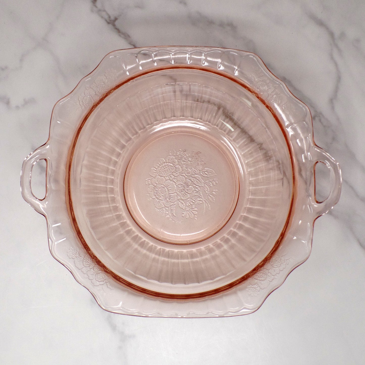 Vintage Anchor Hocking Mayfair Pink Open Rose Handled Round Vegetable Serving Bowl (1930s)