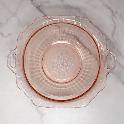 Vintage Anchor Hocking Mayfair Pink Open Rose Handled Round Vegetable Serving Bowl (1930s)