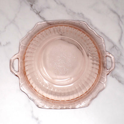 Vintage Anchor Hocking Mayfair Pink Open Rose Handled Round Vegetable Serving Bowl (1930s)