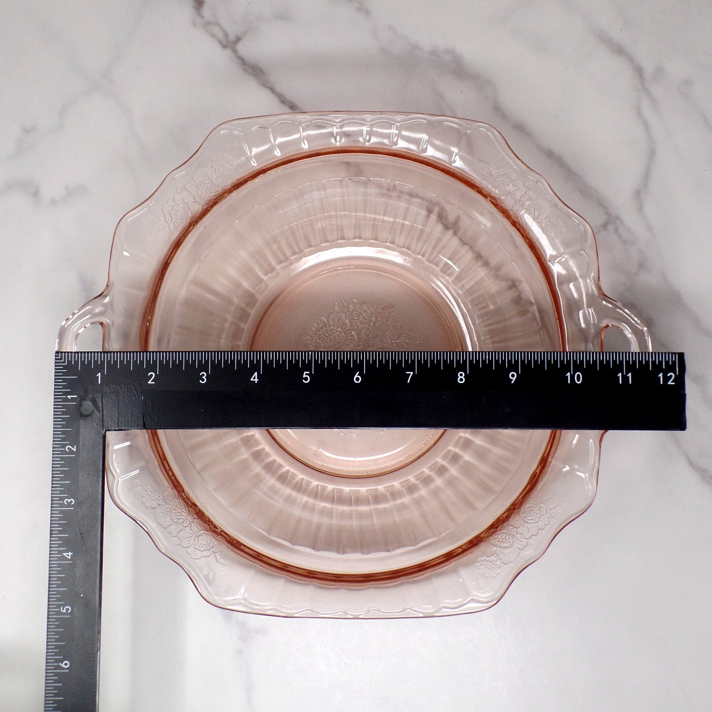 Vintage Anchor Hocking Mayfair Pink Open Rose Handled Round Vegetable Serving Bowl (1930s)