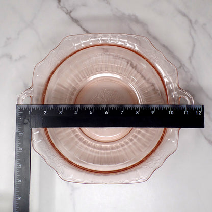 Vintage Anchor Hocking Mayfair Pink Open Rose Handled Round Vegetable Serving Bowl (1930s)