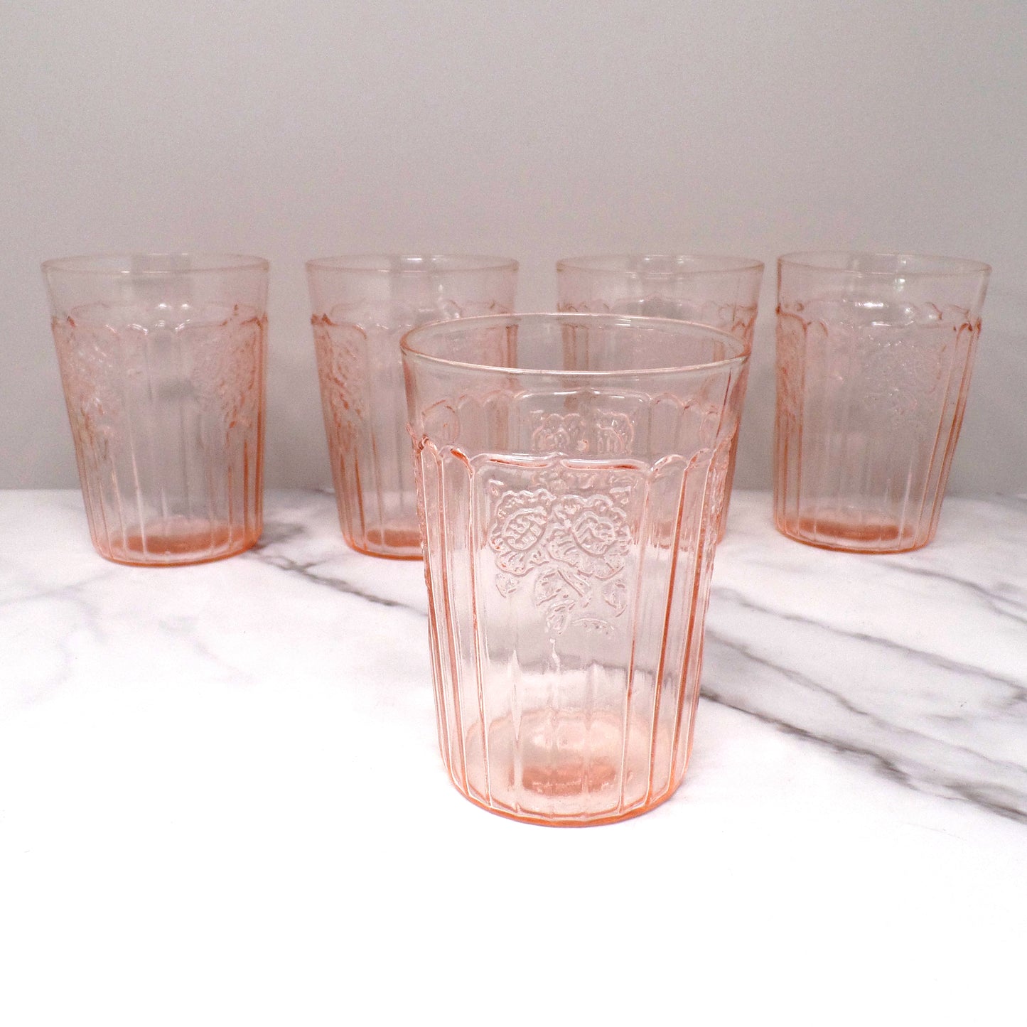 Vintage Anchor Hocking Mayfair Pink Open Rose 9 oz Depression Glass Flat Tumbler (4” height), set of 5