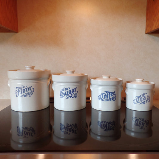 Vintage Pfaltzgraff Yorktowne Set of 4 Kitchen Canisters - Flour, Sugar, Coffee, Tea (1967-70s)