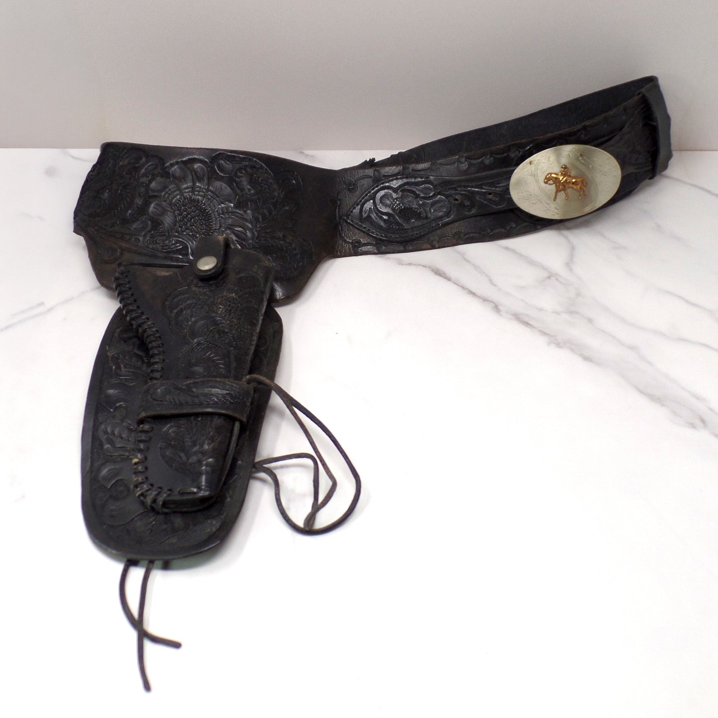 Vintage Black Leather Mexican Loop Cowboy Holster / Gun Belt, Tooled Floral Pattern