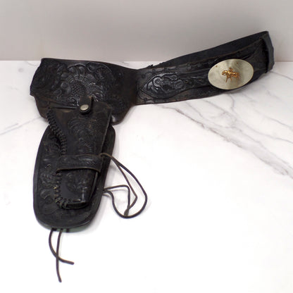 Vintage Black Leather Mexican Loop Cowboy Holster / Gun Belt, Tooled Floral Pattern