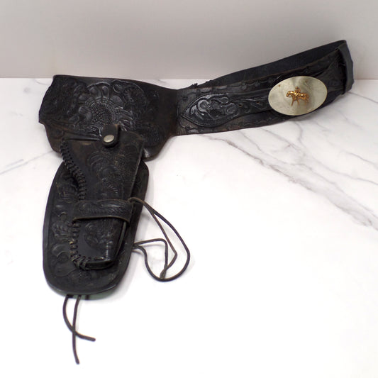Vintage Black Leather Mexican Loop Cowboy Holster / Gun Belt, Tooled Floral Pattern