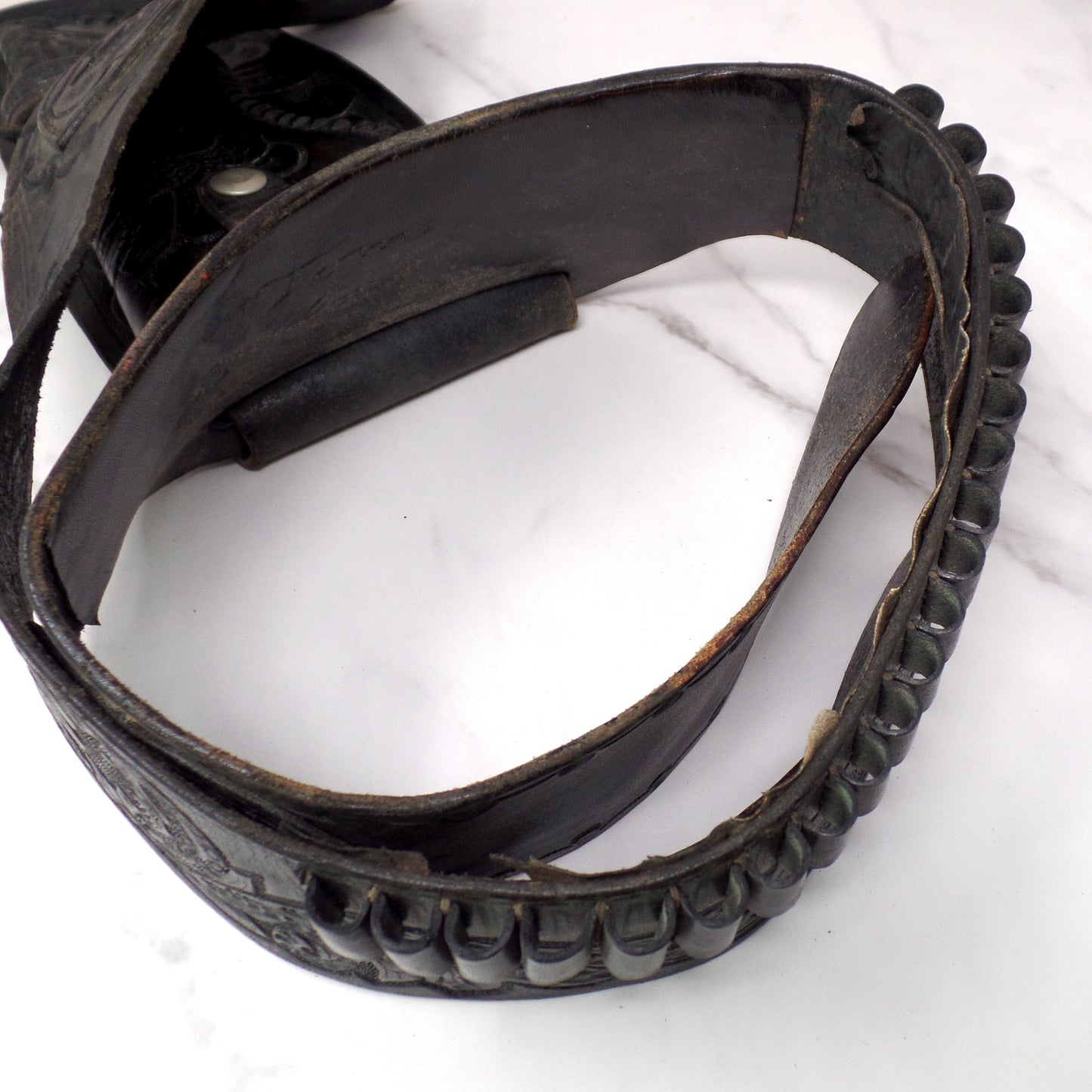 Vintage Black Leather Mexican Loop Cowboy Holster / Gun Belt, Tooled Floral Pattern