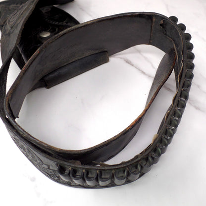 Vintage Black Leather Mexican Loop Cowboy Holster / Gun Belt, Tooled Floral Pattern