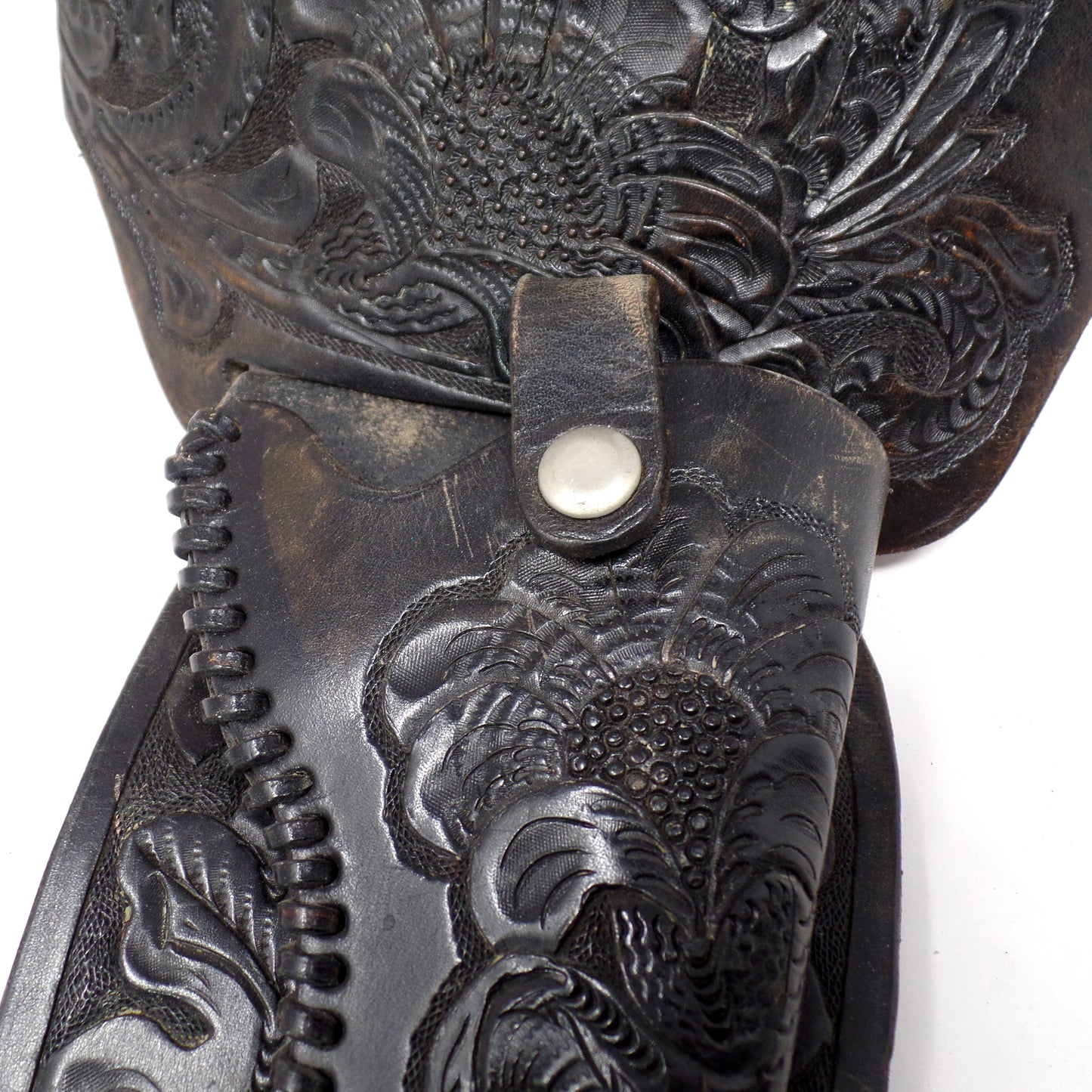 Vintage Black Leather Mexican Loop Cowboy Holster / Gun Belt, Tooled Floral Pattern