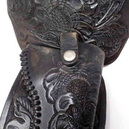 Vintage Black Leather Mexican Loop Cowboy Holster / Gun Belt, Tooled Floral Pattern