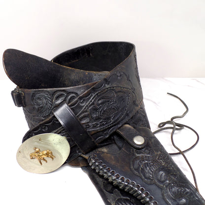 Vintage Black Leather Mexican Loop Cowboy Holster / Gun Belt, Tooled Floral Pattern