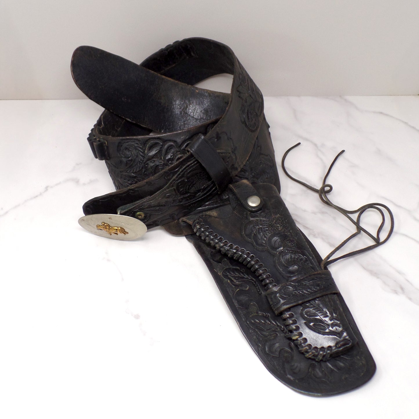 Vintage Black Leather Mexican Loop Cowboy Holster / Gun Belt, Tooled Floral Pattern