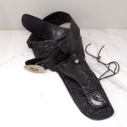 Vintage Black Leather Mexican Loop Cowboy Holster / Gun Belt, Tooled Floral Pattern