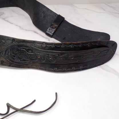 Vintage Black Leather Mexican Loop Cowboy Holster / Gun Belt, Tooled Floral Pattern
