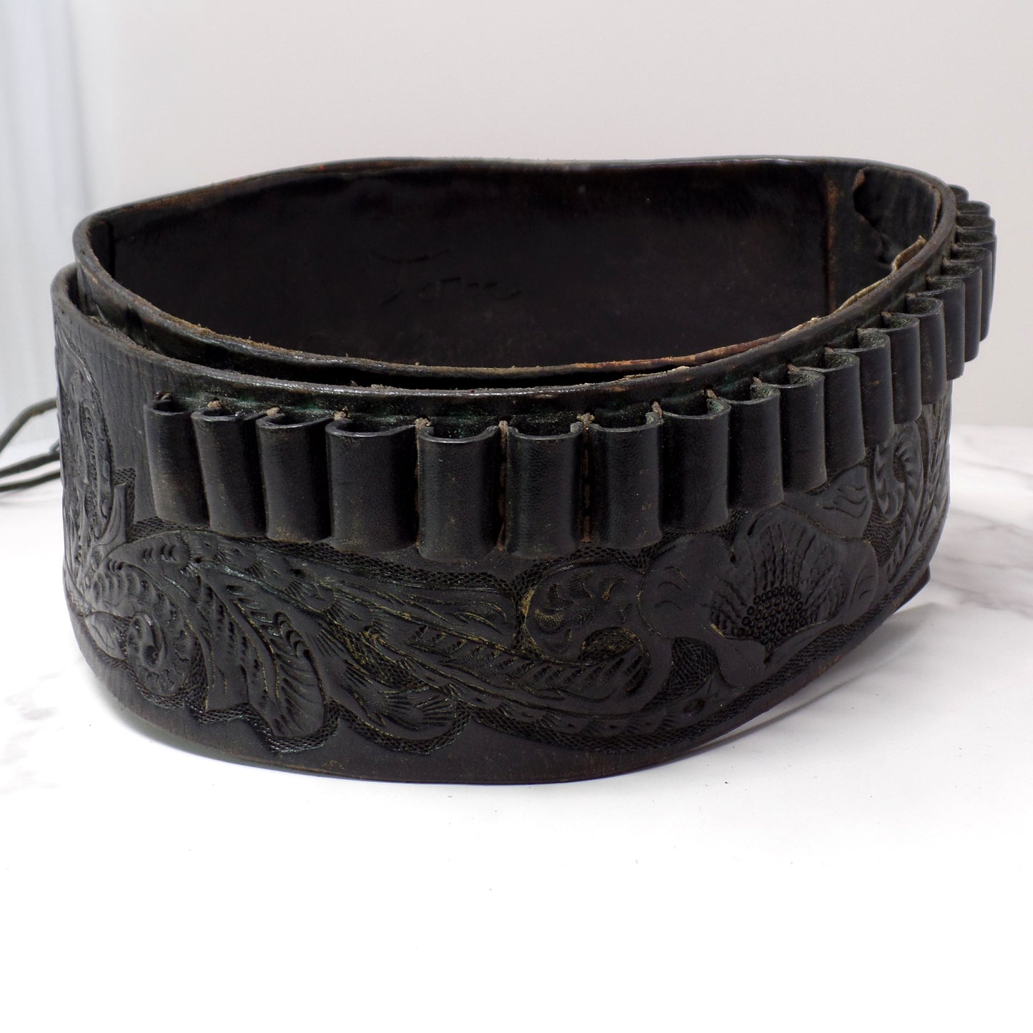 Vintage Black Leather Mexican Loop Cowboy Holster / Gun Belt, Tooled Floral Pattern
