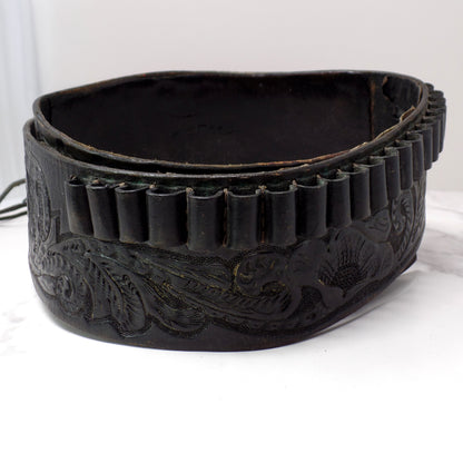 Vintage Black Leather Mexican Loop Cowboy Holster / Gun Belt, Tooled Floral Pattern