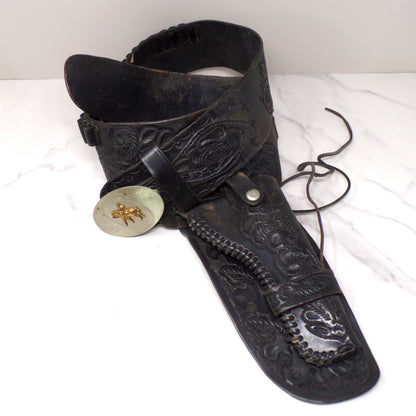 Vintage Black Leather Mexican Loop Cowboy Holster / Gun Belt, Tooled Floral Pattern