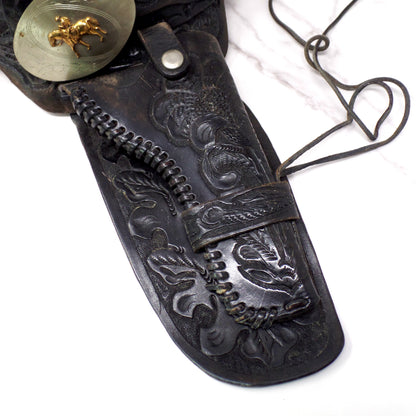 Vintage Black Leather Mexican Loop Cowboy Holster / Gun Belt, Tooled Floral Pattern