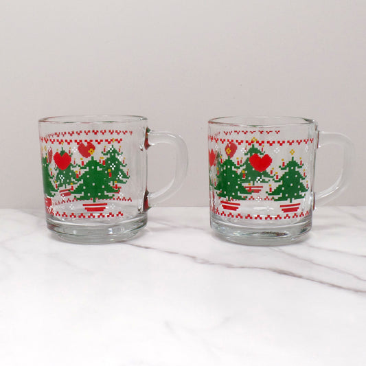 Vintage Anchor Hocking Glass Mug, CHD Cross-Stitch / Pixelated Christmas - Set of 2 (1984)