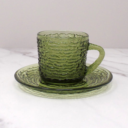 Vintage Anchor Hocking Soreno Avocado Green Glass Cup & Saucer, 6 oz (1966-70)