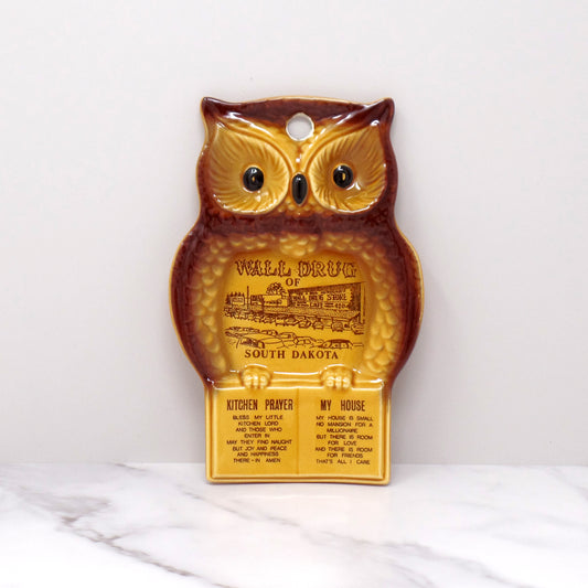 Vintage Ceramic Owl Kitchen Wall Hanging / Spoon Rest - Wall Drug of South Dakota (1970s)