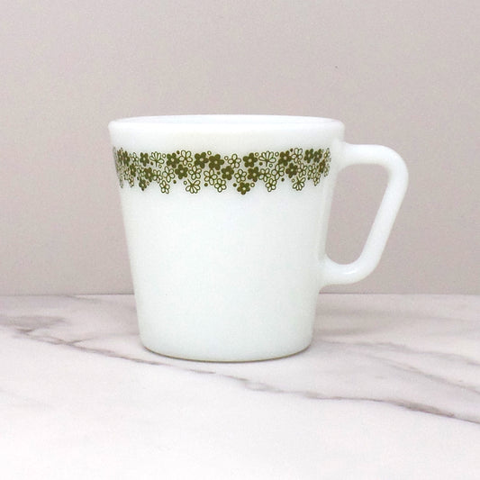 Vintage Pyrex 1410 Diagonal Handle Coffee Mug, Spring Blossom Green (1970s)