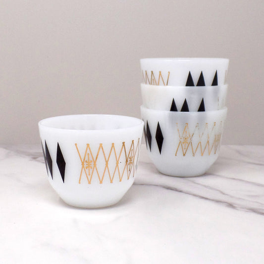 Federal Glass 6 oz Custard Cups, Black Diamonds / Atomic Harlequin, set of 4 (1960s)