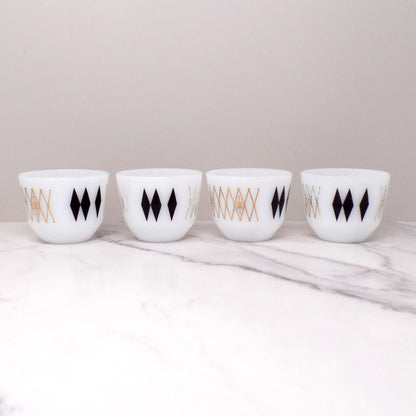 Federal Glass 6 oz Custard Cups, Black Diamonds / Atomic Harlequin, set of 4 (1960s)
