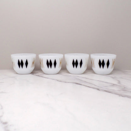 Federal Glass 6 oz Custard Cups, Black Diamonds / Atomic Harlequin, set of 4 (1960s)