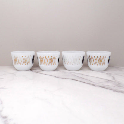 Federal Glass 6 oz Custard Cups, Black Diamonds / Atomic Harlequin, set of 4 (1960s)