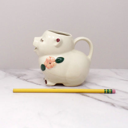 Vintage Shawnee Pottery Smiley Pig Creamer, Peach Flower (1940s-50s)