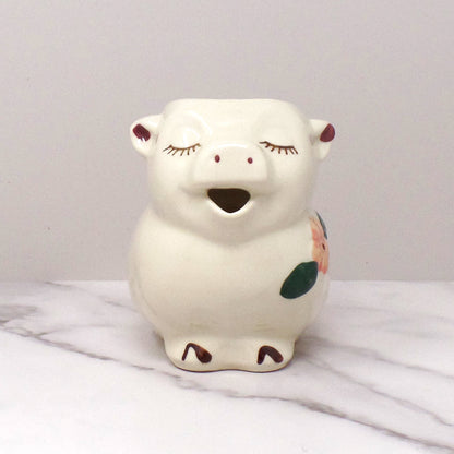 Vintage Shawnee Pottery Smiley Pig Creamer, Peach Flower (1940s-50s)