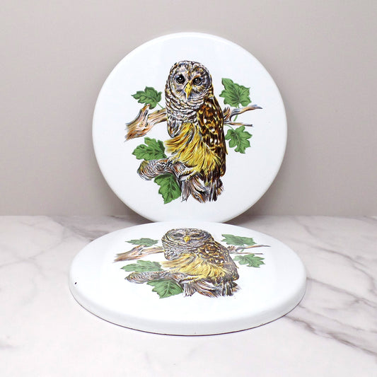 Vintage Enamelware Stove Burner Covers, Barred Owl - set of 2 (1970s)