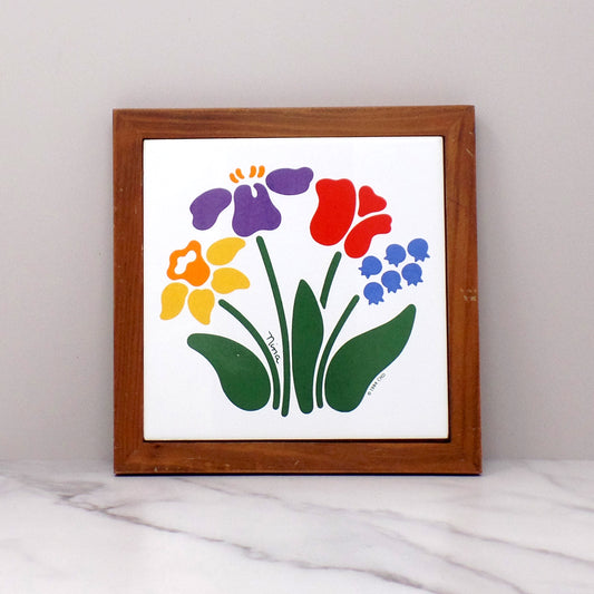 Vintage Nina Floral Trivet / Wall Hanging, Ceramic and Wood, CHD (1984)