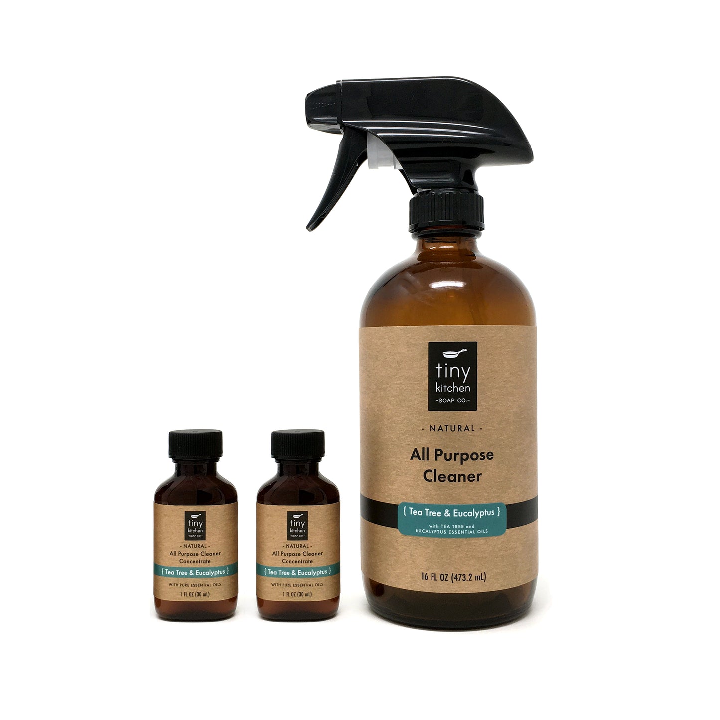 Natural All Purpose Cleaner Starter Kit - Tea Tree & Eucalyptus (Glass Spray Bottle and Two Concentrated Refills)